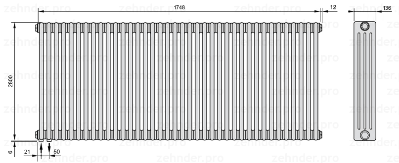 Схема (чертеж) Радиатор Zehnder Charleston 4280/38 №3370 Белый глянцевый RAL 9016